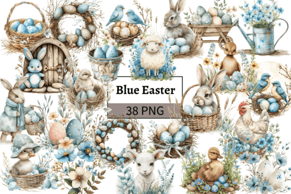 Download Blue Easter Illustrations Bundle PNG - Easter illustrations Collection